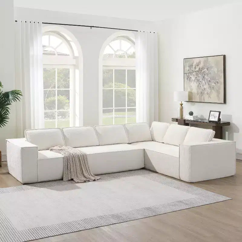 Canapé d'angle modulable gris / vert / blanc, 6 places