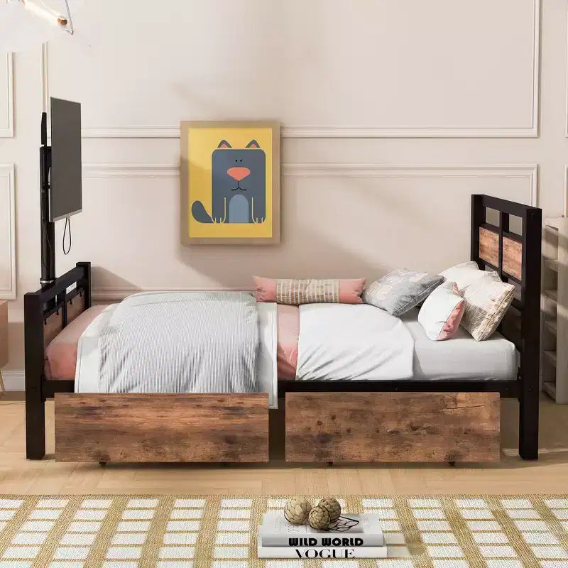Lit plateforme jumeau noir avec tiroirs et support TV, 1 personne