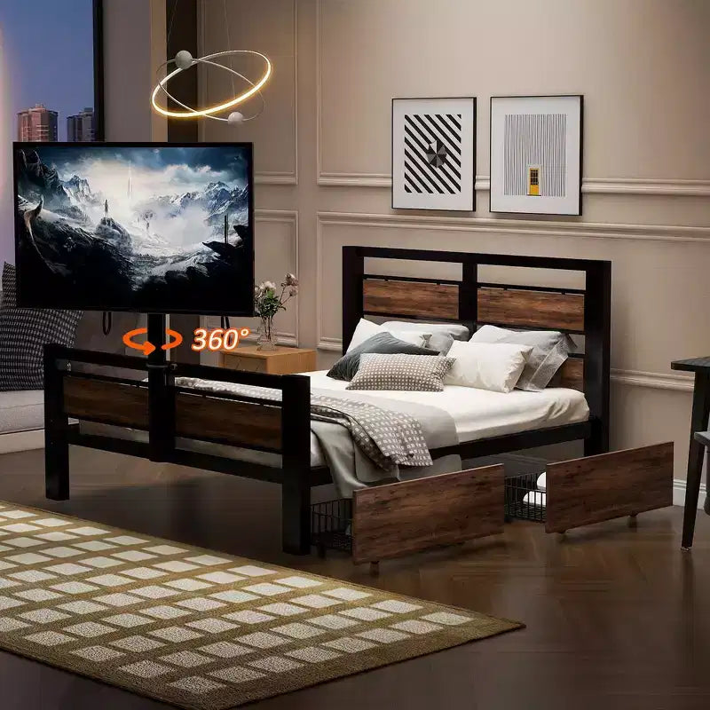 Lit plateforme jumeau noir avec tiroirs et support TV, 1 personne