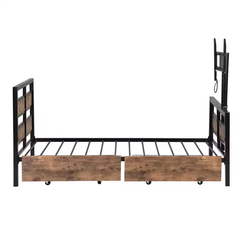 Lit plateforme jumeau noir avec tiroirs et support TV, 1 personne