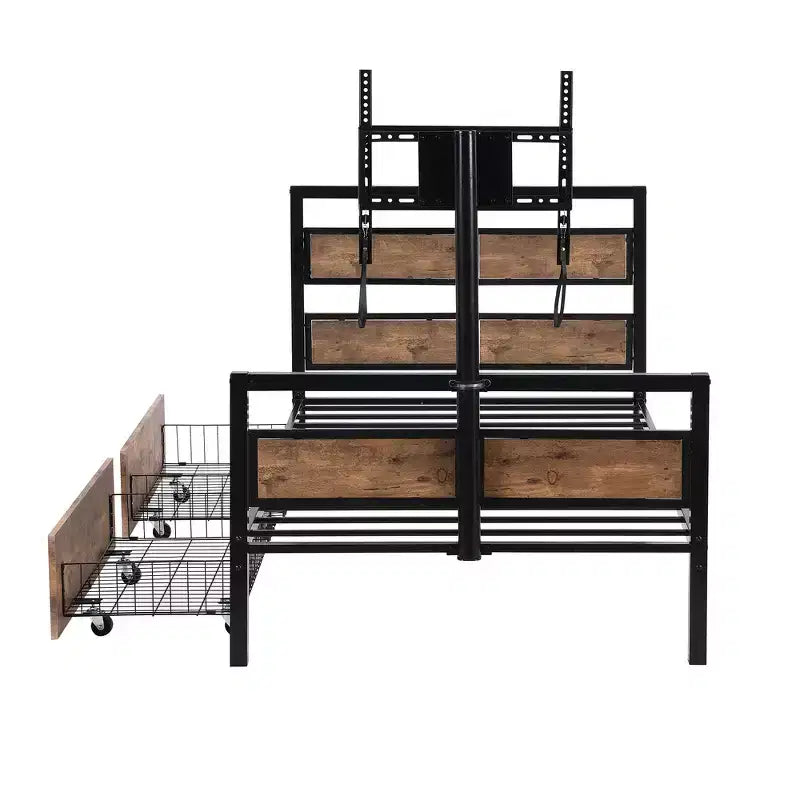 Lit plateforme jumeau noir avec tiroirs et support TV, 1 personne