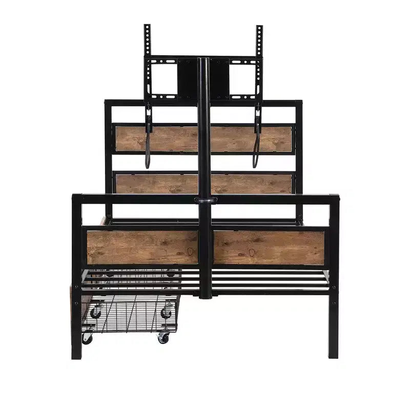 Lit plateforme jumeau noir avec tiroirs et support TV, 1 personne