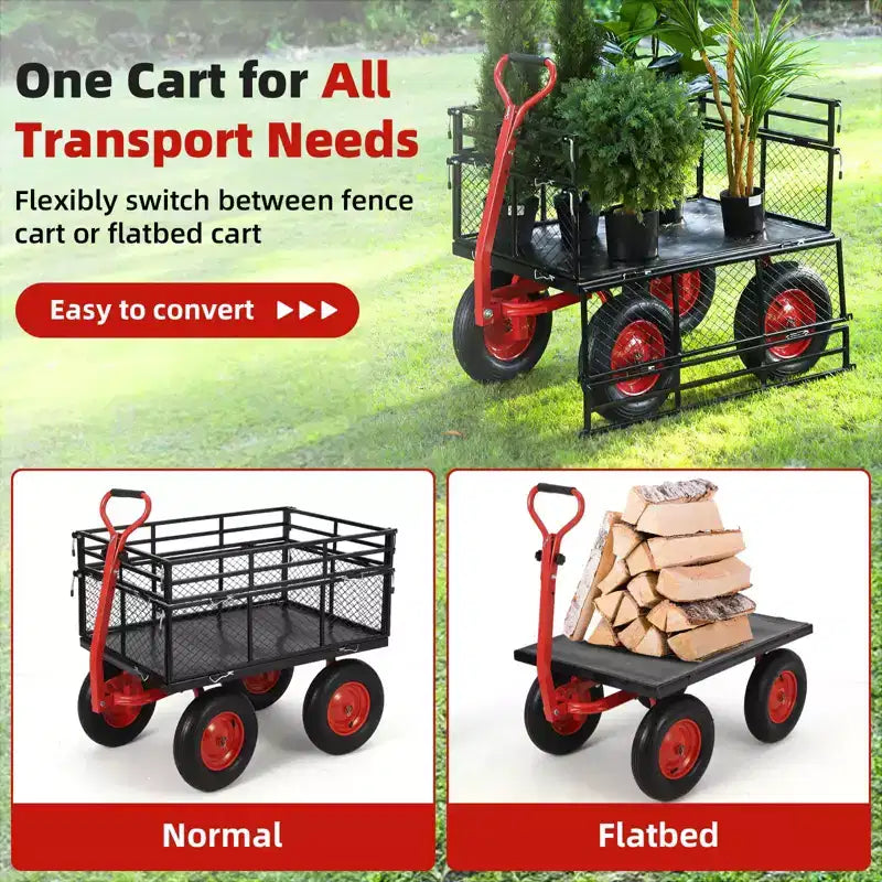 Chariot utilitaire en acier rouge avec côtés en maille amovibles, capacité de 635 kg, 1 personne