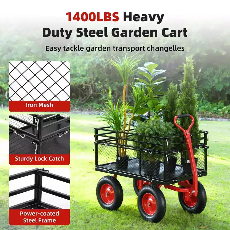 Chariot utilitaire en acier rouge avec côtés en maille amovibles, capacité de 635 kg, 1 personne
