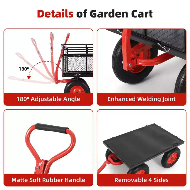 Chariot utilitaire en acier rouge avec côtés en maille amovibles, capacité de 635 kg, 1 personne