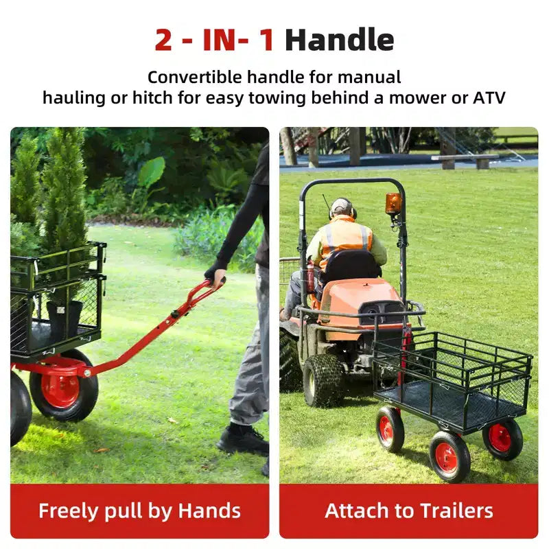 Chariot utilitaire en acier rouge avec côtés en maille amovibles, capacité de 635 kg, 1 personne