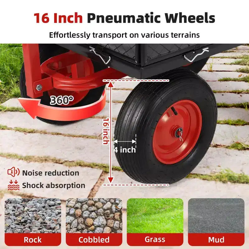 Chariot utilitaire en acier rouge avec côtés en maille amovibles, capacité de 635 kg, 1 personne