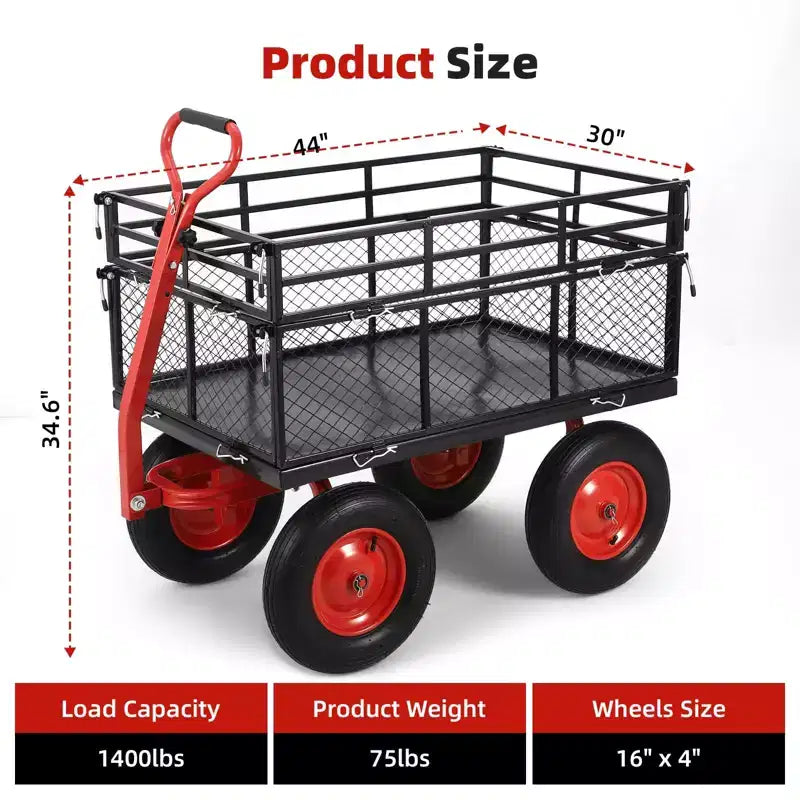 Chariot utilitaire en acier rouge avec côtés en maille amovibles, capacité de 635 kg, 1 personne
