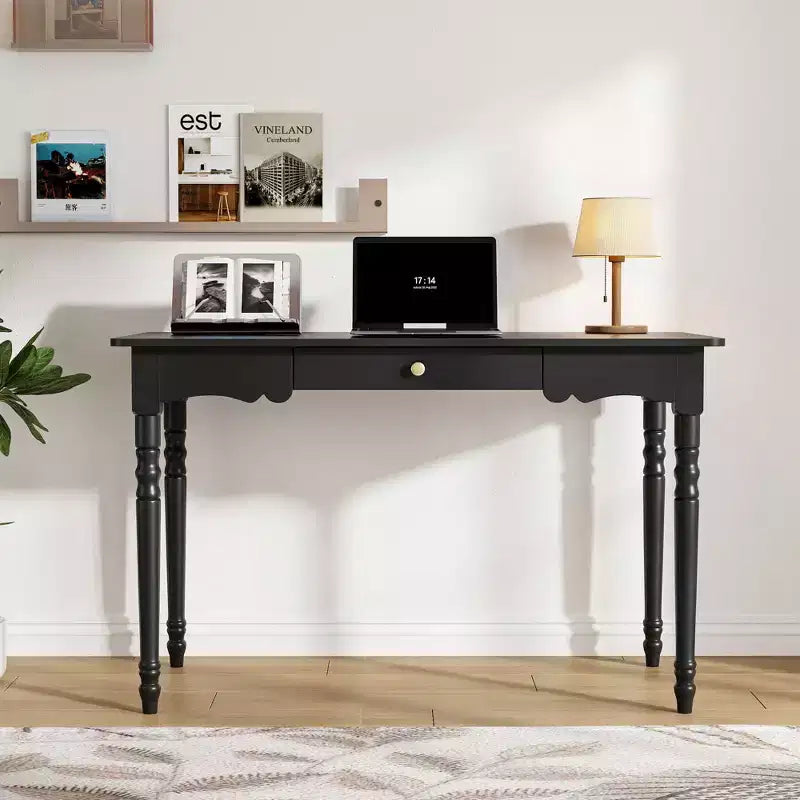Bureau noir avec tiroir et poignée dorée, pour une personne, MDF
