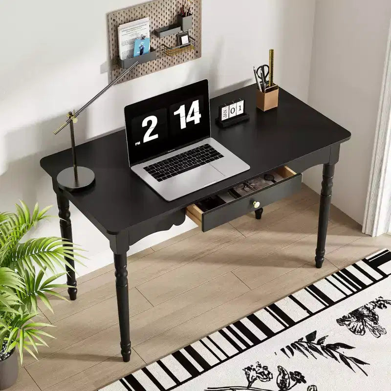 Bureau noir avec tiroir et poignée dorée, pour une personne, MDF