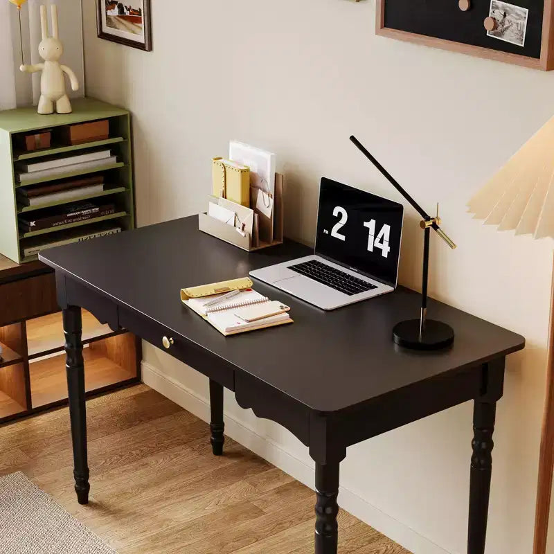Bureau noir avec tiroir et poignée dorée, pour une personne, MDF