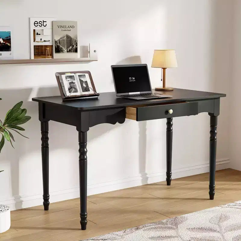 Bureau noir avec tiroir et poignée dorée, pour une personne, MDF
