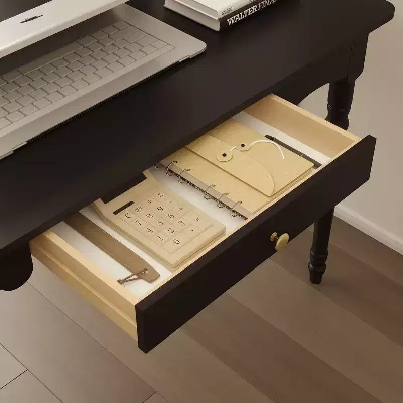 Bureau noir avec tiroir et poignée dorée, pour une personne, MDF