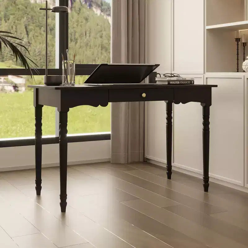 Bureau noir avec tiroir et poignée dorée, pour une personne, MDF