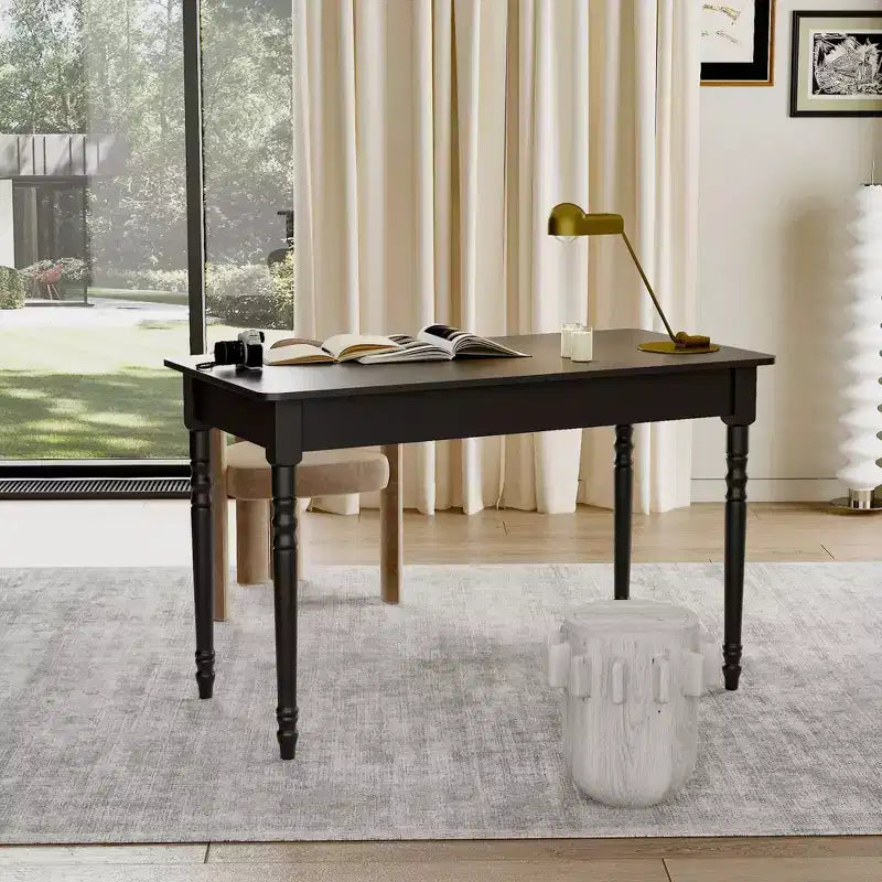 Bureau noir avec tiroir et poignée dorée, pour une personne, MDF