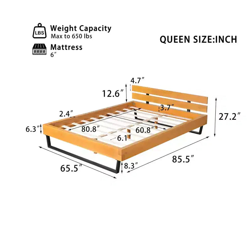 Cadre de Lit en Bois de Pin Naturel et Noir, Queen/King, 1 Personne