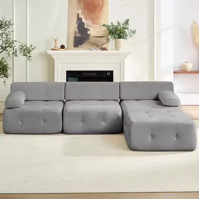 Canapé d'angle modulable 3 places en velours Mjkone avec ottoman, canapés convertibles avec garniture à rivets
