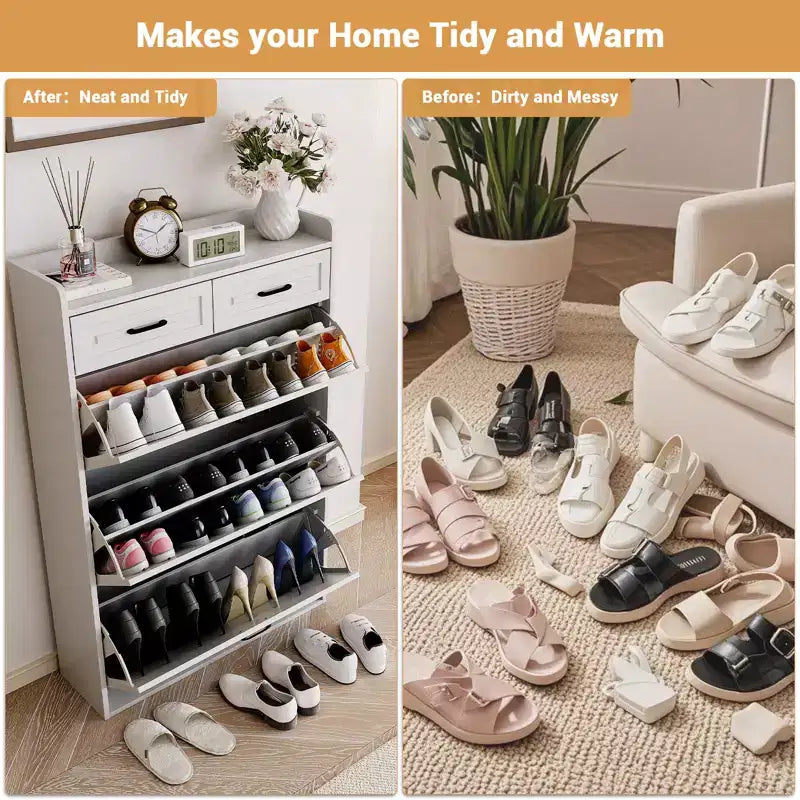Meuble à chaussures avec 3 tiroirs basculants et 2 tiroirs, meuble de rangement de chaussures autoportant pour entrée, meuble organisateur de chaussures, porte-chaussures étroit