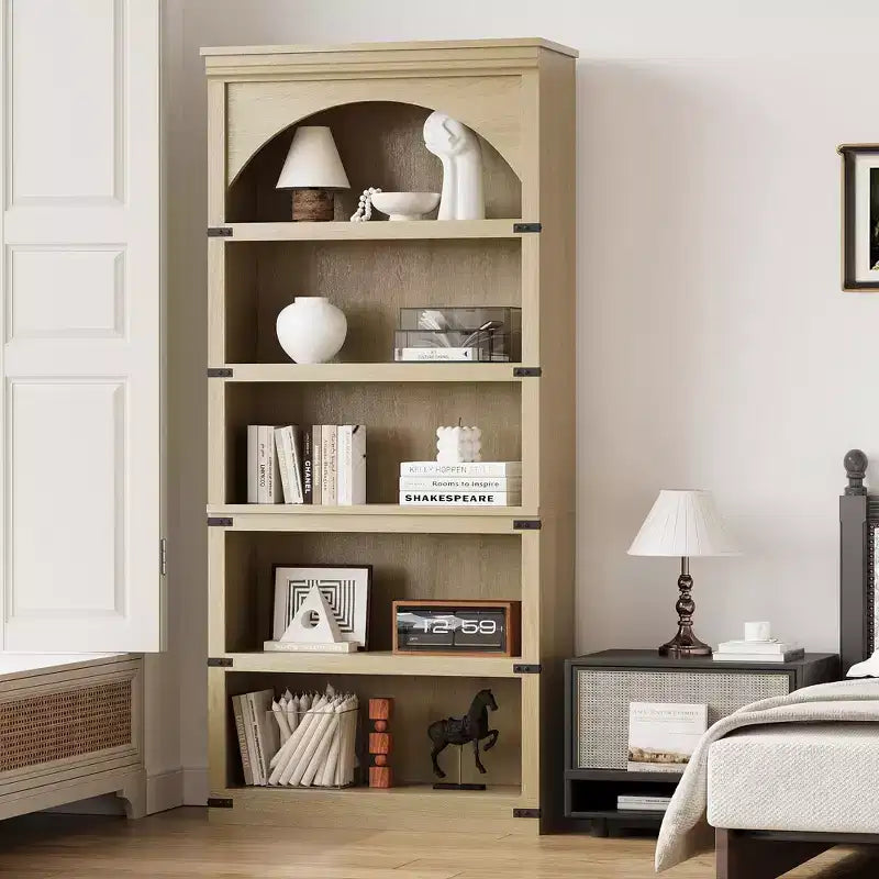 Bibliothèque arquée à 5 étagères, 174,5 cm de haut, style ferme, étagère de rangement incurvée en bois pour bureau à domicile, salon, couleur bois