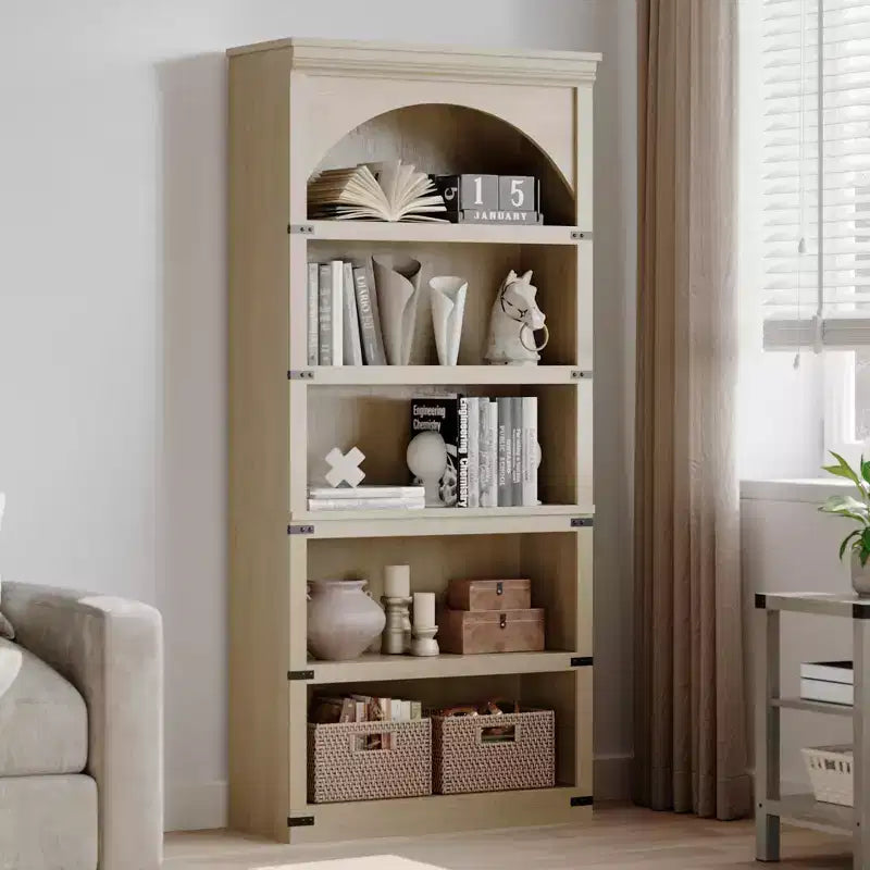 Bibliothèque arquée à 5 étagères, 174,5 cm de haut, style ferme, étagère de rangement incurvée en bois pour bureau à domicile, salon, couleur bois