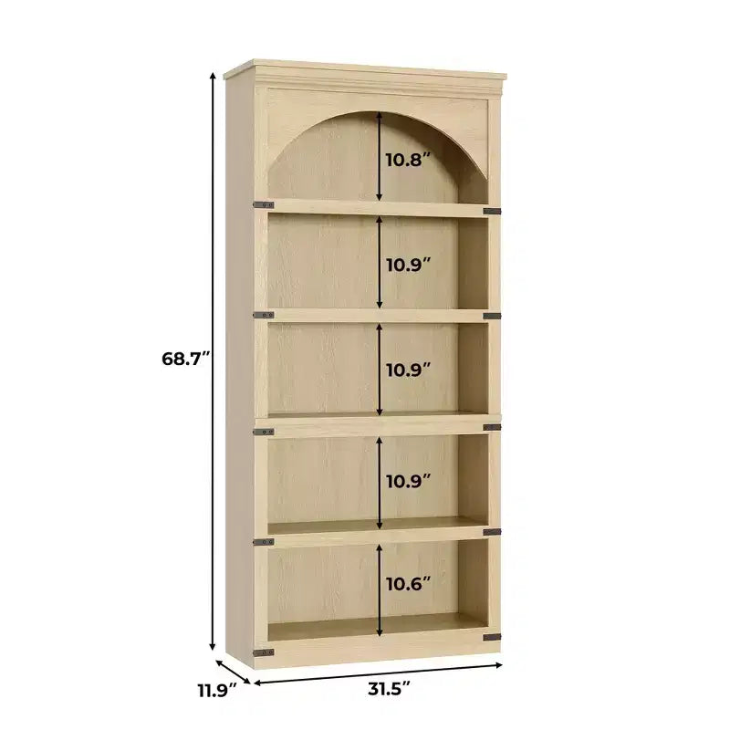 Bibliothèque arquée à 5 étagères, 174,5 cm de haut, style ferme, étagère de rangement incurvée en bois pour bureau à domicile, salon, couleur bois