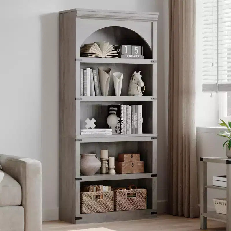 Arched Bookcase 5 Shelf Bookshelf 68.7 Tall Bookcase Farmhouse Curved Storage Rack Wooden Bookshelves for Home Office, Living Room,Wood Color