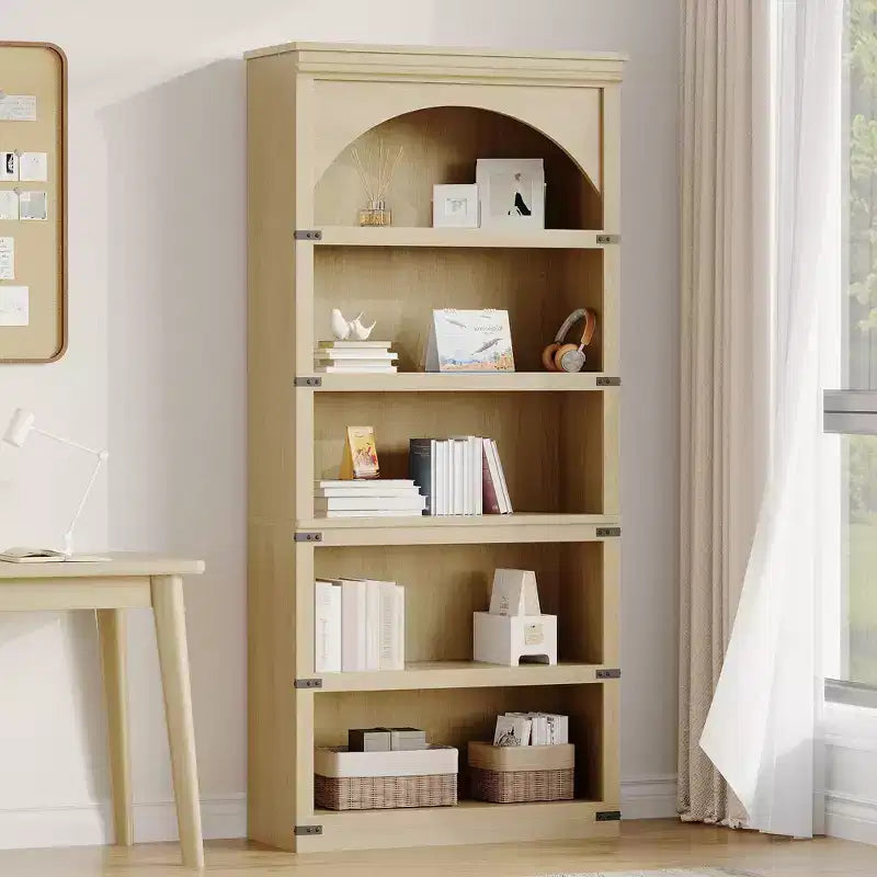 Bibliothèque arquée à 5 étagères, 174,5 cm de haut, style ferme, étagère de rangement incurvée en bois pour bureau à domicile, salon, couleur bois