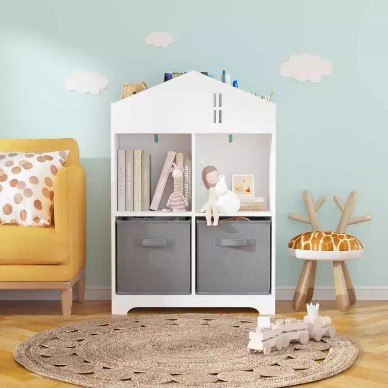 Bibliothèque-maison de poupée pour enfants rose et blanc, étagère à 2 niveaux avec 2 tiroirs en tissu, pour 1 enfant