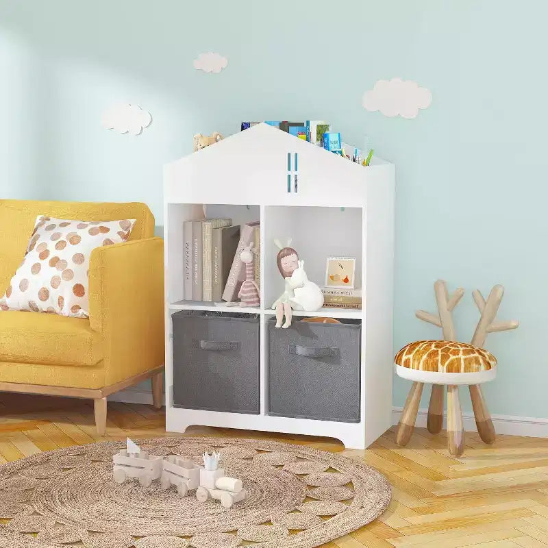 Bibliothèque-maison de poupée pour enfants rose et blanc, étagère à 2 niveaux avec 2 tiroirs en tissu, pour 1 enfant