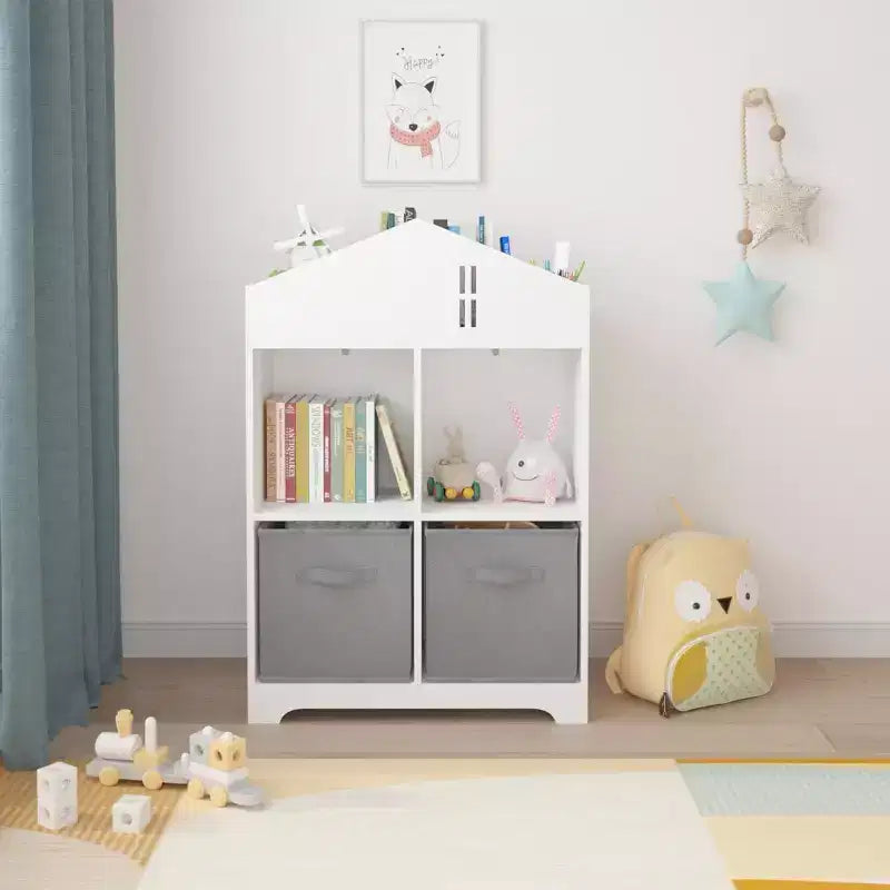Bibliothèque-maison de poupée pour enfants rose et blanc, étagère à 2 niveaux avec 2 tiroirs en tissu, pour 1 enfant