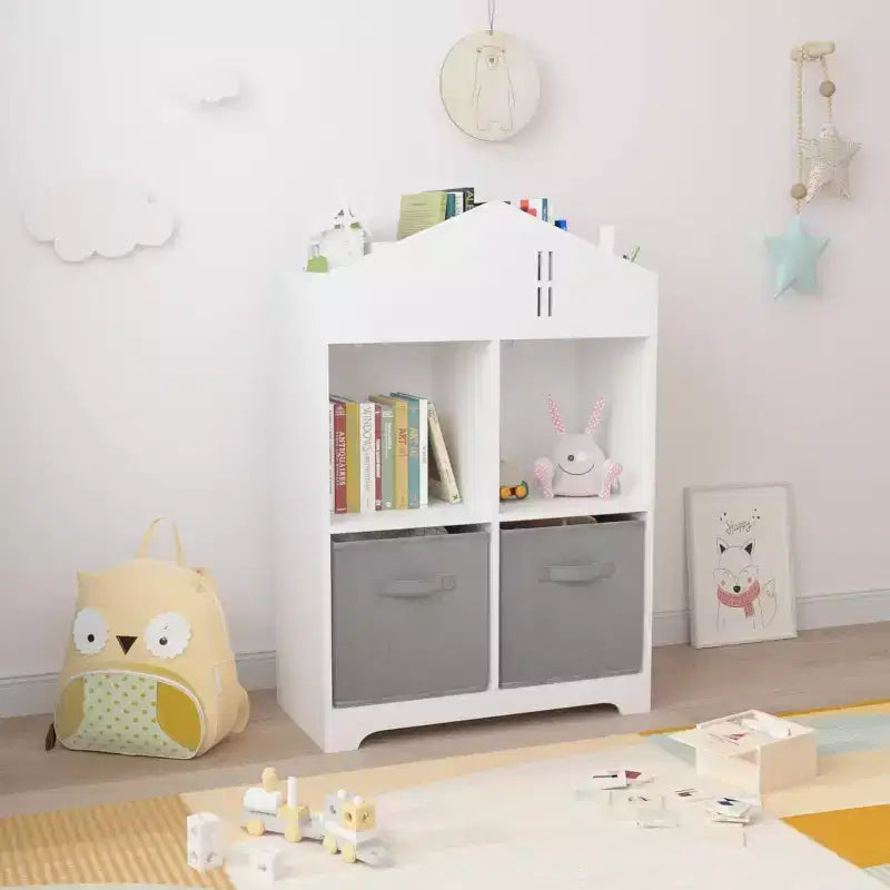 Bibliothèque-maison de poupée pour enfants rose et blanc, étagère à 2 niveaux avec 2 tiroirs en tissu, pour 1 enfant