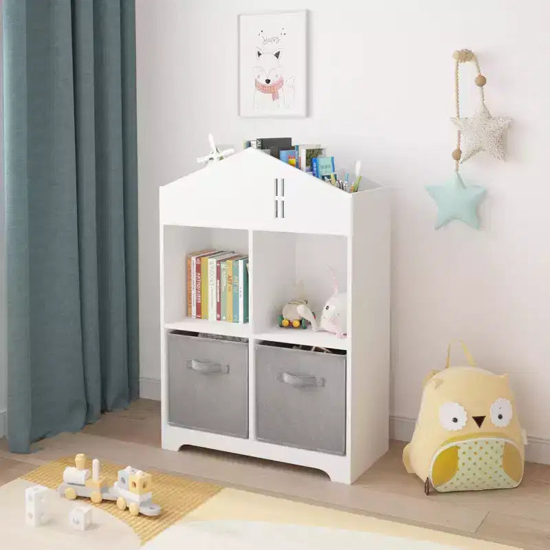 Bibliothèque-maison de poupée pour enfants rose et blanc, étagère à 2 niveaux avec 2 tiroirs en tissu, pour 1 enfant