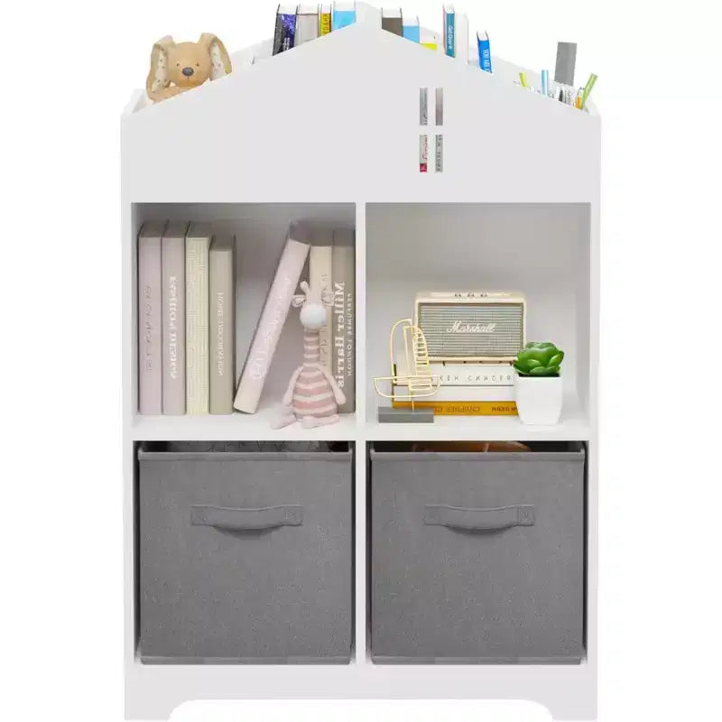Bibliothèque-maison de poupée pour enfants rose et blanc, étagère à 2 niveaux avec 2 tiroirs en tissu, pour 1 enfant