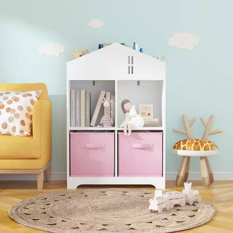 Bibliothèque-maison de poupée pour enfants rose et blanc, étagère à 2 niveaux avec 2 tiroirs en tissu, pour 1 enfant