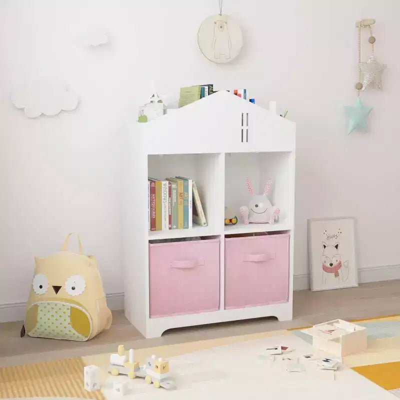 Bibliothèque-maison de poupée pour enfants rose et blanc, étagère à 2 niveaux avec 2 tiroirs en tissu, pour 1 enfant