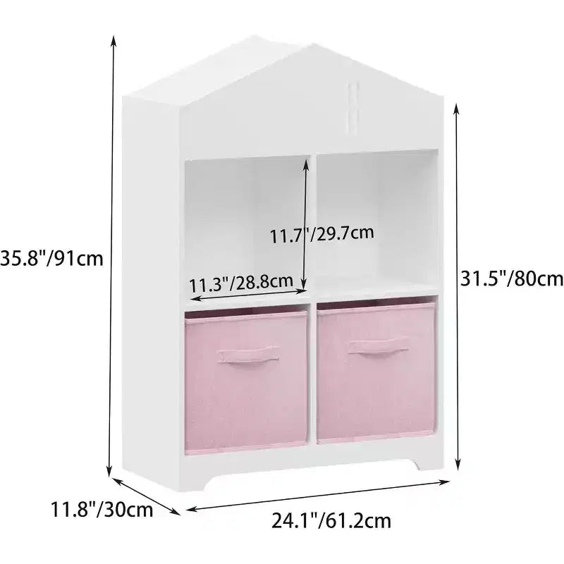 Bibliothèque-maison de poupée pour enfants rose et blanc, étagère à 2 niveaux avec 2 tiroirs en tissu, pour 1 enfant