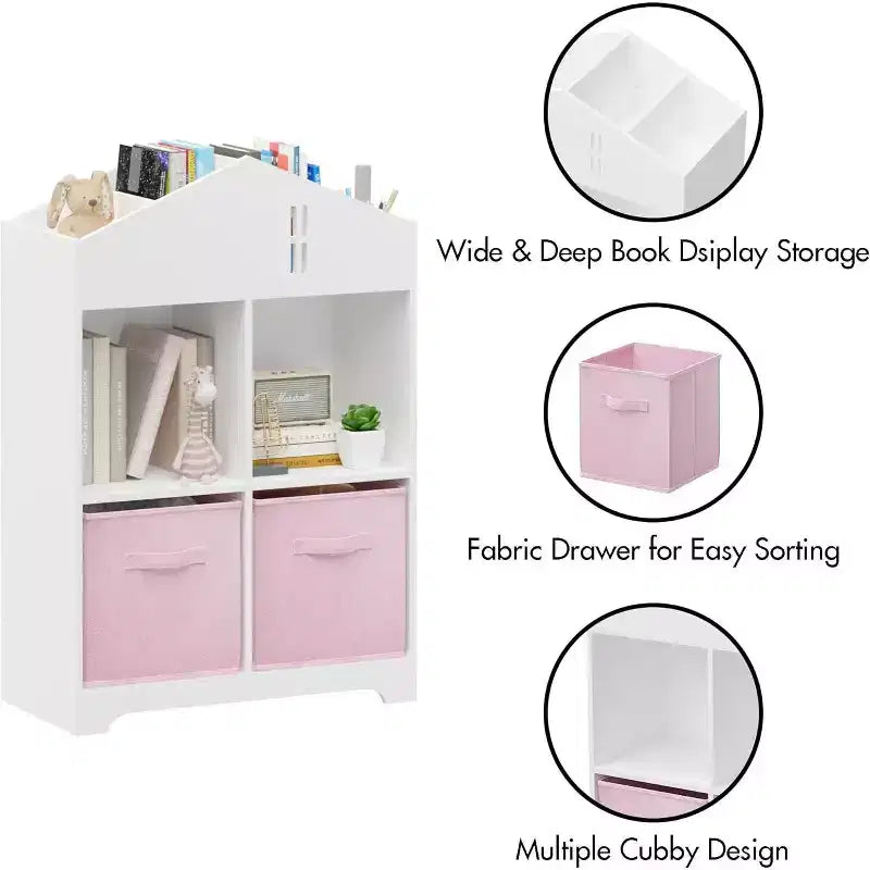 Bibliothèque-maison de poupée pour enfants rose et blanc, étagère à 2 niveaux avec 2 tiroirs en tissu, pour 1 enfant