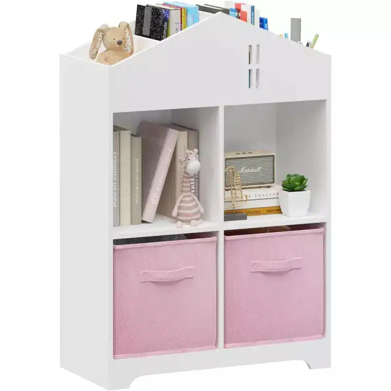 Bibliothèque-maison de poupée pour enfants rose et blanc, étagère à 2 niveaux avec 2 tiroirs en tissu, pour 1 enfant