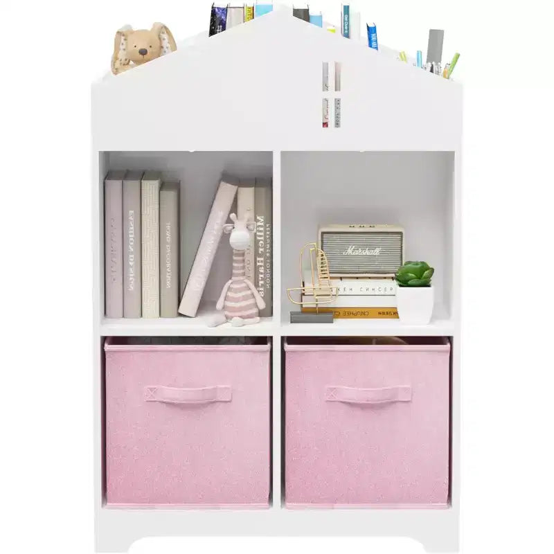 Bibliothèque-maison de poupée pour enfants rose et blanc, étagère à 2 niveaux avec 2 tiroirs en tissu, pour 1 enfant
