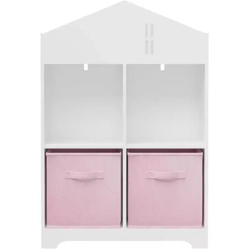 Bibliothèque-maison de poupée pour enfants rose et blanc, étagère à 2 niveaux avec 2 tiroirs en tissu, pour 1 enfant
