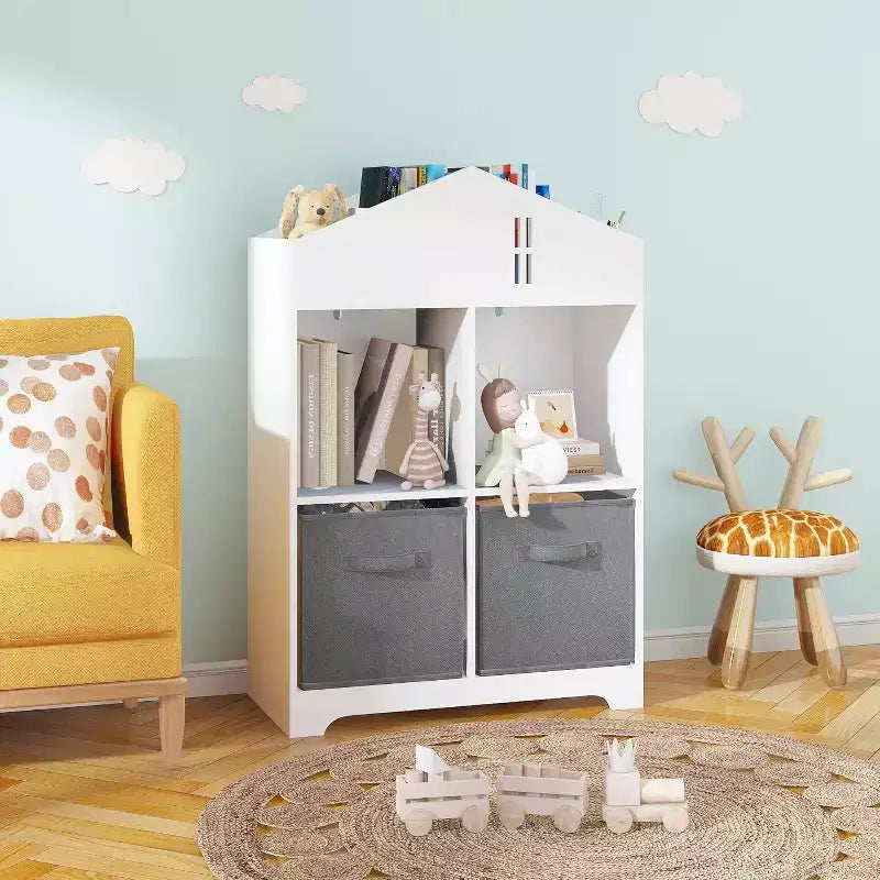 Bibliothèque-maison de poupée pour enfants rose et blanc, étagère à 2 niveaux avec 2 tiroirs en tissu, pour 1 enfant