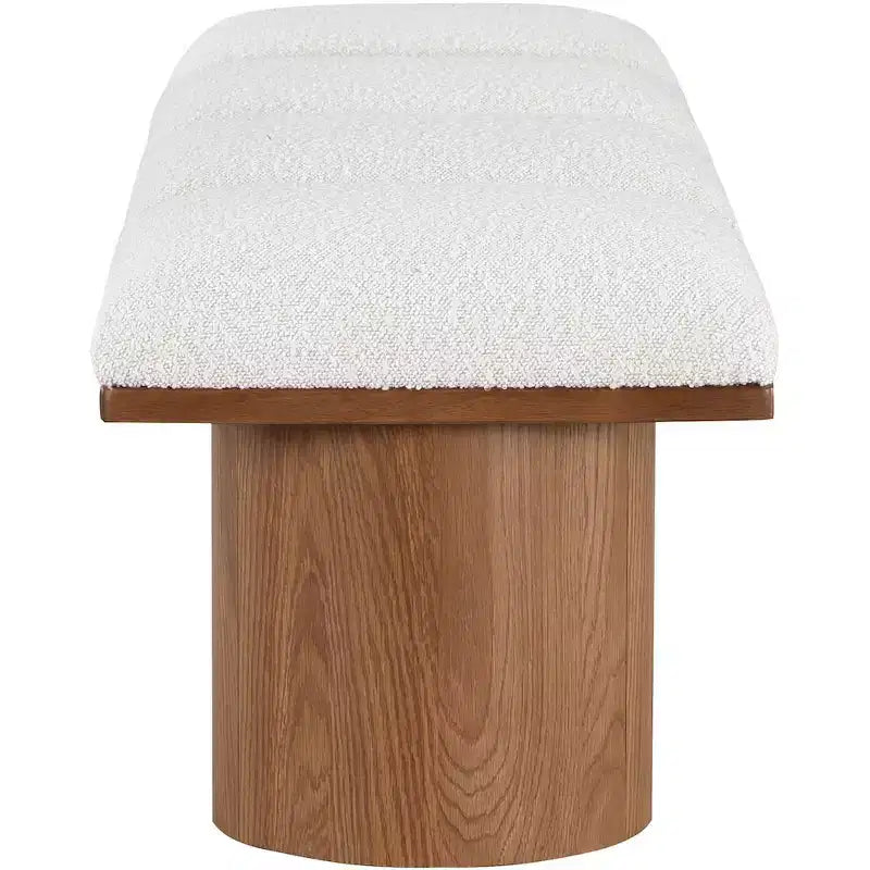 Banc 1 place en tissu bouclé crème, cadre en chêne brun noyer