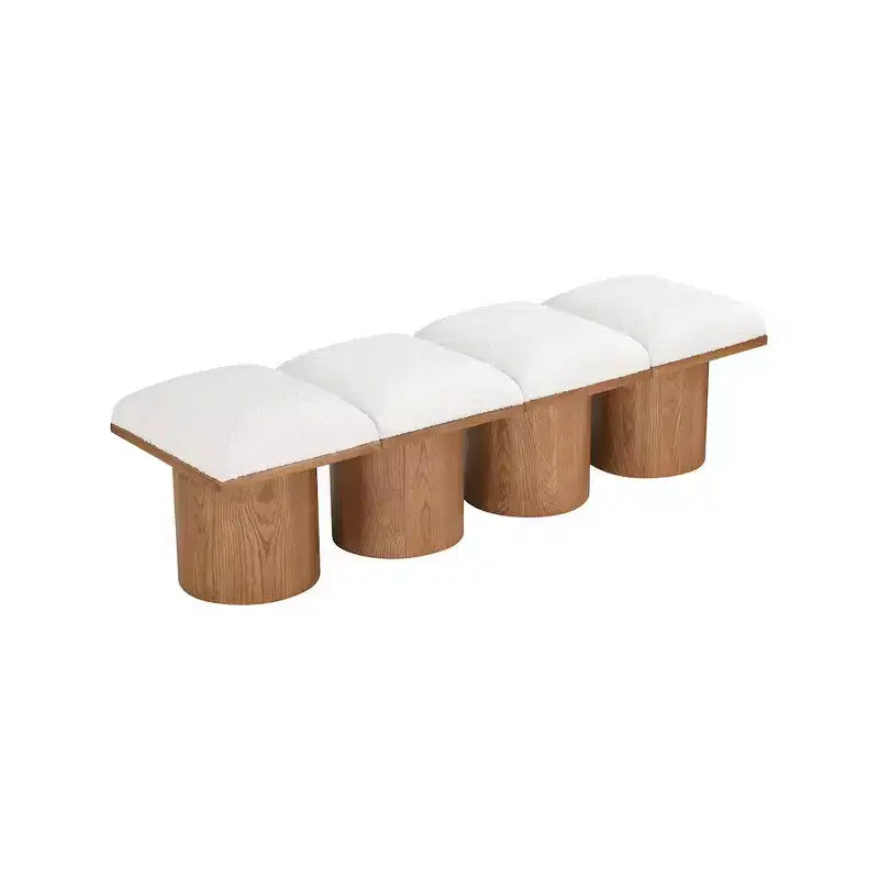 Banc 1 place en tissu bouclé crème, cadre en chêne brun noyer