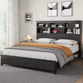 Full Size Bed Frame with Bookcase Headboard, Full Platform Bed with 2-tier Storage & Charging Station, No Box Spring Needed Easy AssembleBlack