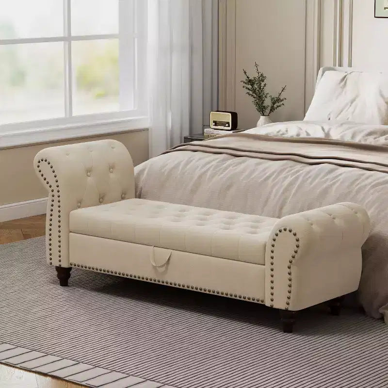 TUYOHW Bed Bench for Bed Room Nails Tufted Chaise of Lounge with Storage Velvet Upholstery Bench, Lake Blue