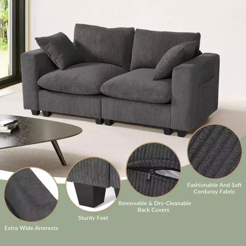 Causeuse de canapé modulaire en velours côtelé WestinTrends Hearthside 70 avec ports USB/Type-C et poches latérales