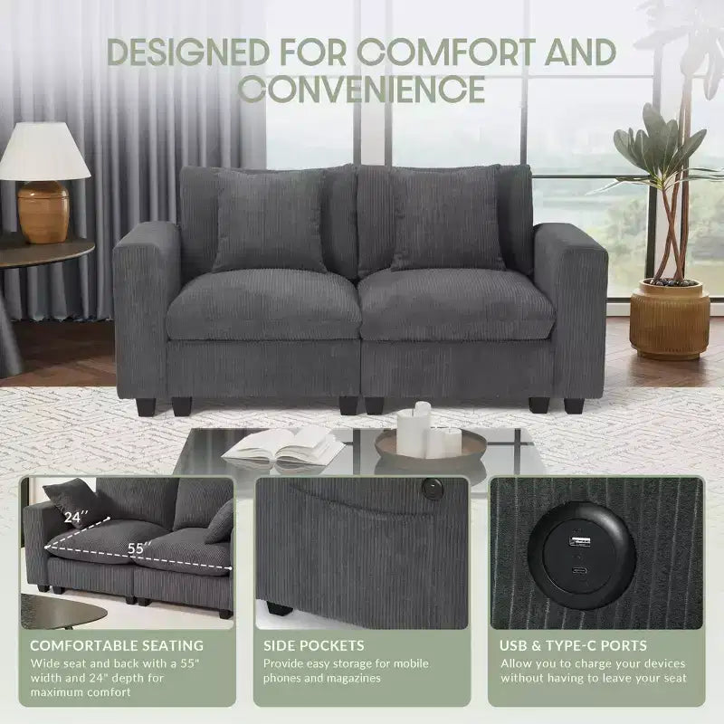 Causeuse de canapé modulaire en velours côtelé WestinTrends Hearthside 70 avec ports USB/Type-C et poches latérales