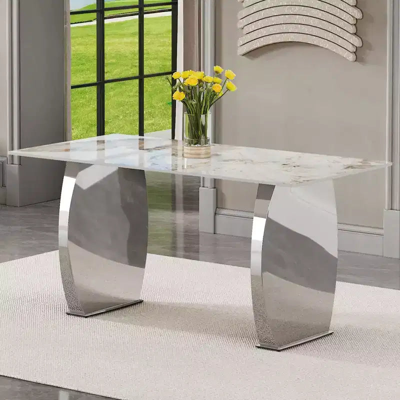 Table à manger rectangulaire Okak avec plateau à motifs, table de cuisine en pierre pour salle à manger, salon, bureau, cuisine
