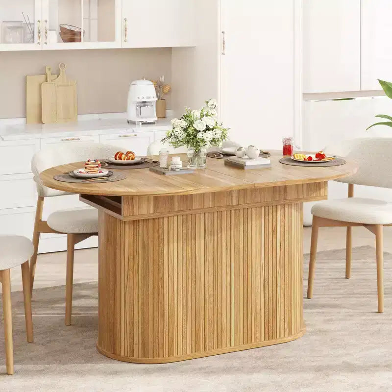 Table à manger ovale extensible noire / naturelle / noyer, piètement central, jusqu'à 6 places