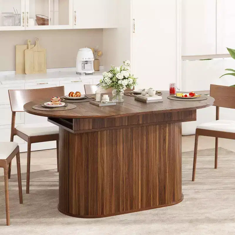 Table à manger ovale extensible noire / naturelle / noyer, piètement central, jusqu'à 6 places